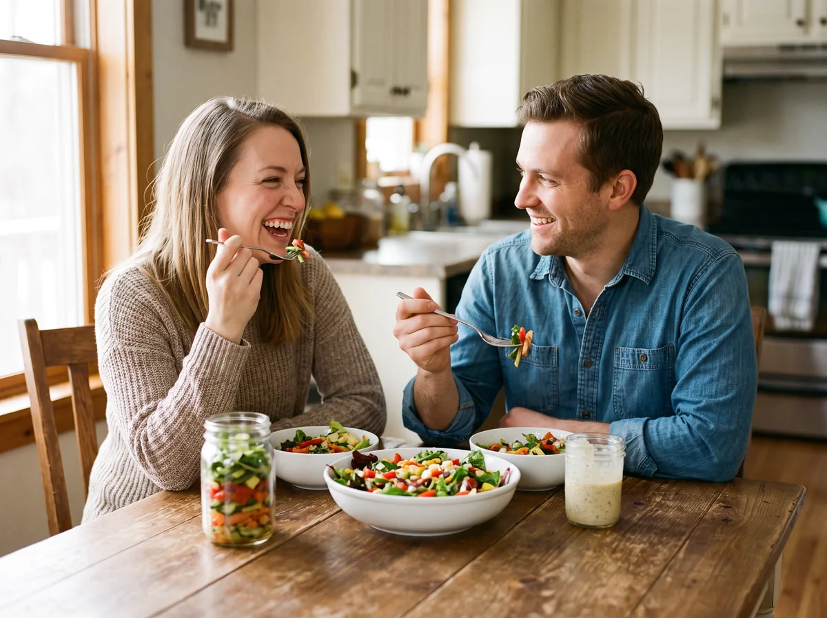 Una pareja disfrutando una ensalada juntos en la mesa